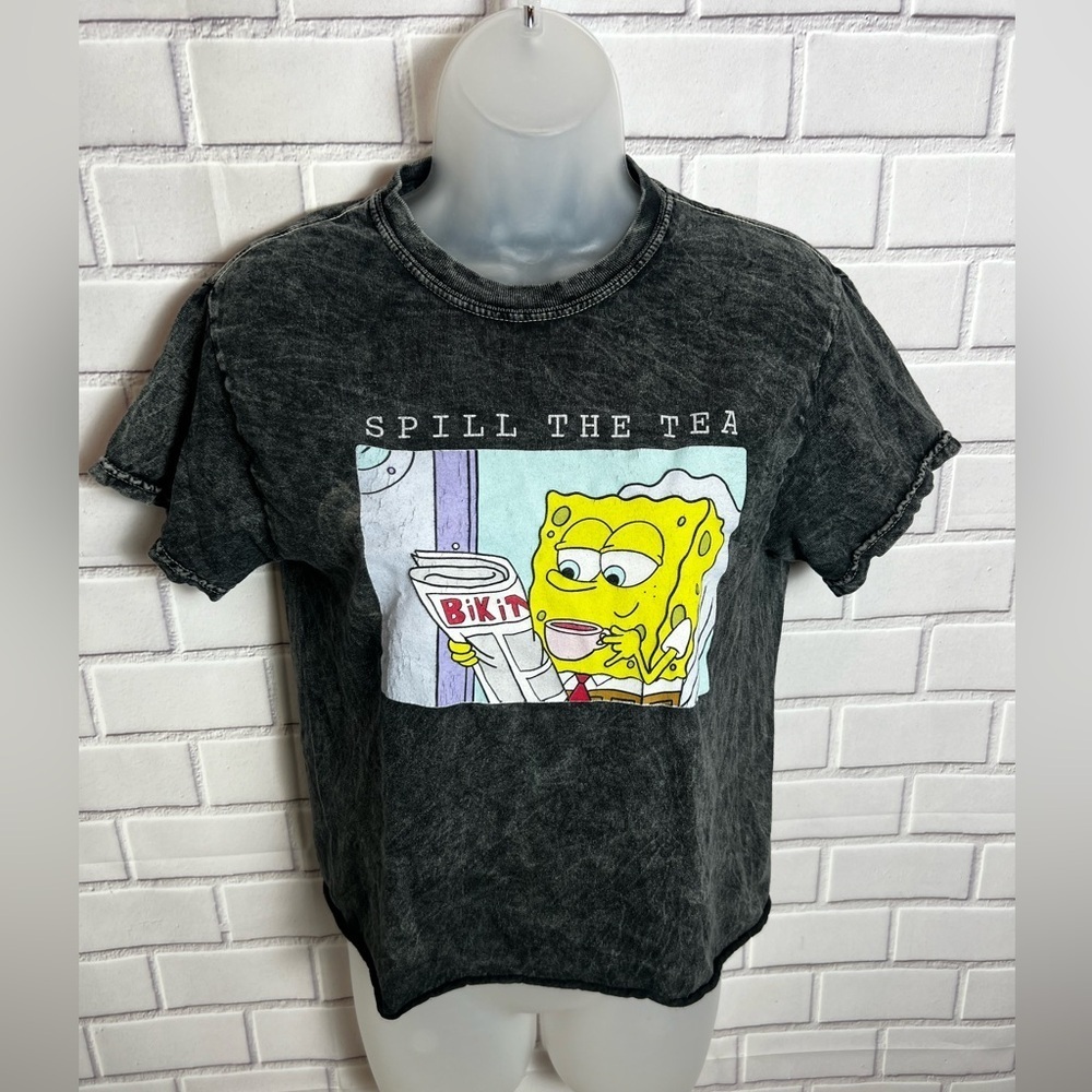 SpongeBob SquarePants Spill The Tea Graphic Tee Black Acid Wash Size S